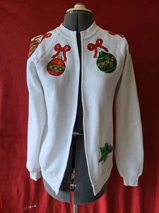 Vintage Jerzees Womens Large Open Front Hand Deco Christmas Cardigan Made in USA - Picture 1 of 18