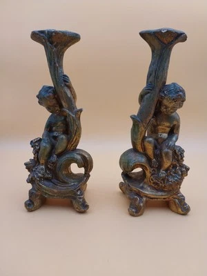 Paire de bougeoirs chérubin en platre doré angelot - Photo 1/4