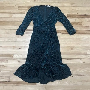 Calvin Klein Velvet Burnout Leopard Print Dress Teal Ruffled Size 4 - Picture 1 of 6