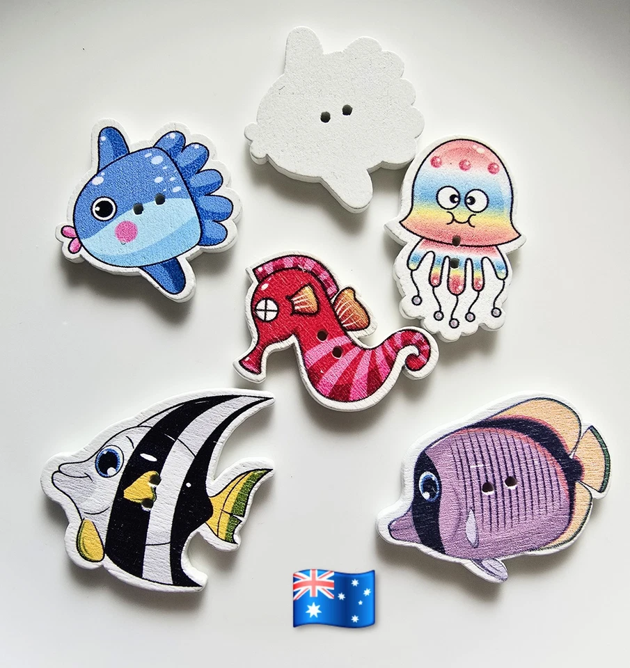 10pcs Ocean Style Fish Wooden 2 Hole Buttons 23 To 39mm Lenght & Width - Image 1 of 1