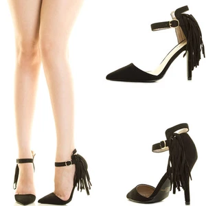 Black Pointy Toe Fringe Tassel Ankle Strap Stiletto High Heel Womens Pump Sandal - Picture 1 of 9