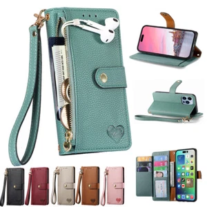 For iPhone 16 15 14 Pro Max 13 12 11 XR Zip Leather Wallet Case Strap Flip Cover - Picture 1 of 18