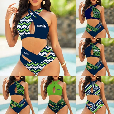 Seattle Seahawks Womens 2PCS Front Cross Bikini Set High Waist Bathing Suit Cover