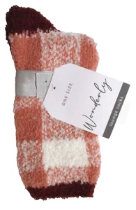 NEW WOMENS GIRLS WONDERLY COZY LOUNGE SOCKS PEACH RALLY CHECKED DESIGN ONE SIZE - Picture 1 of 4
