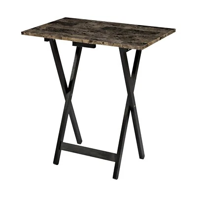 Linon Home Decor Tray Table Set, Faux Marble, Brown - Image 1 of 4