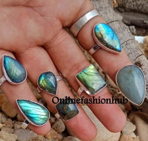 Flashy Labradorite Gemstone 925 Sterling silver plated wholesale Lot Rings - Picture 1 of 4