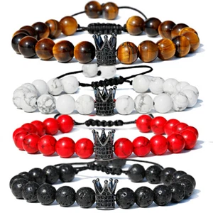 Men's Cubic Zircon Crown Beads Bracelets Natural Tiger Eye Adjustable Bracelets - Picture 1 of 34