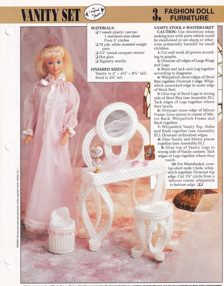 Vanity Set w Stool Fashion Doll Furniture Plastic Canvas PATTERN Annie's Club - Imagem 1 de 1
