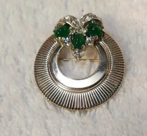 Vintage Marcel Boucher Circle Pin with Pave Icing Rhinestones & 3 Jade Cabochons - Picture 1 of 10