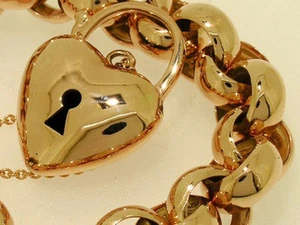 L01 SOLID 9ct ROSE Gold Belcher Heart Padlock Bracelet HEAVY 45gr 19cm long - Picture 1 of 4