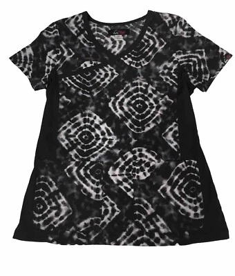 Women’s XS KOI scrub Top Boho Hipster Groovy Black White Tie Dye Stretch  - Image 1 of 4