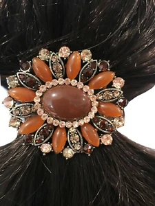 New Amber & Topaz Crystal Brooch Ponytail Black Elastic Band - Picture 1 of 3