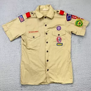 Vintage Boy Scouts Shirt Mens S beige button short sleeve patch eagle Rochester - Picture 1 of 9