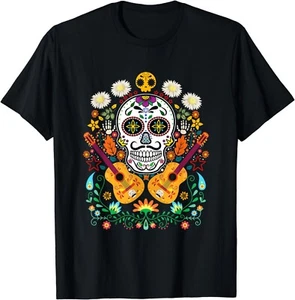 Flower Guitar Skull Day of the Dead T-Shirt Geschenke Mariachi Geschenk Unisex T-Shirt - Bild 1 von 3
