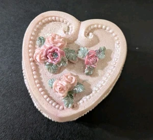Vintage Hand Crafted Ceramic Heart Trinket Box 1990s Roses Hearts Decor - Picture 1 of 5