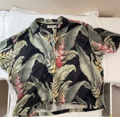 Tommy Bahama Short Sleeve Shirt XLX TALL 100% Silk, Button-Up Black w/ Tropical - Image 1 of 4