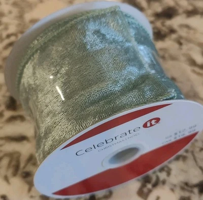Celebrate It Sage Green Velvet Wired Ribbon Holiday Christmas Bow DIY 2.5"x20ft - Image 1 of 4