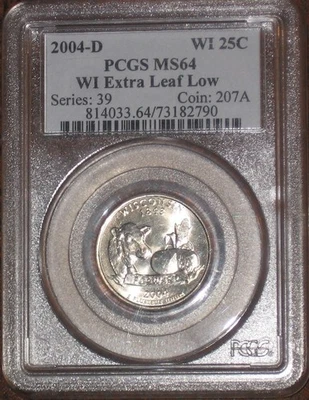 2004 D Wisconsin State Quarter Type Extra Leaf Low PCGS Grade MS64 WI error 25c - Image 1 of 4