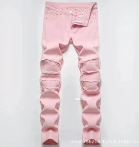 Men's Pink White Cotton Denim Jeans Straight Leg Slim Fit Ripped Stretch Pants - Picture 1 of 26