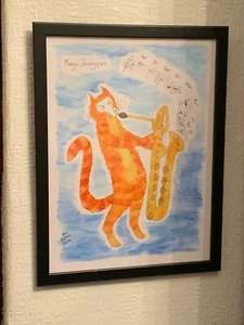 Art Print 30x40cm “Cat with Baritone Saxophone” 15”x12” #PeterBrighouseArtist - Picture 1 of 5
