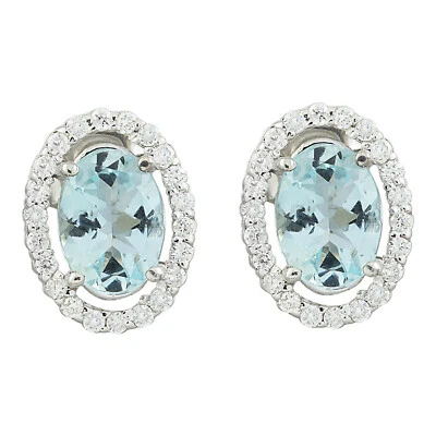 Aretes con halo de oro macizo de 14 k con diamantes aguamarina natural de 2,35 quilates de 9,5 x 12 mm Foto 1 de 4