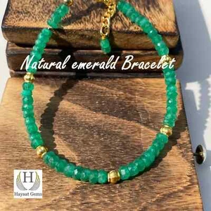 AAA Raw Emerald Faceted Beaded Bracelet, 925 Sterling Silver Emerald Bracelet - Picture 1 of 7