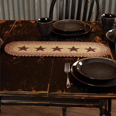 Burgundy Tan Stenciled Stars Braided Jute 8x24 Runner Primitive Rustic - Image 1 of 4