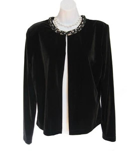 Beaded Stretch Velvet Jacket Size 12 L Black Open Placket CACHET Topper Flaw - Picture 1 of 8