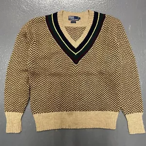 Maglione tennis vintage Polo Ralph Lauren cricket scollo a V lana spina di pesce marrone chiaro L - Foto 1 di 8