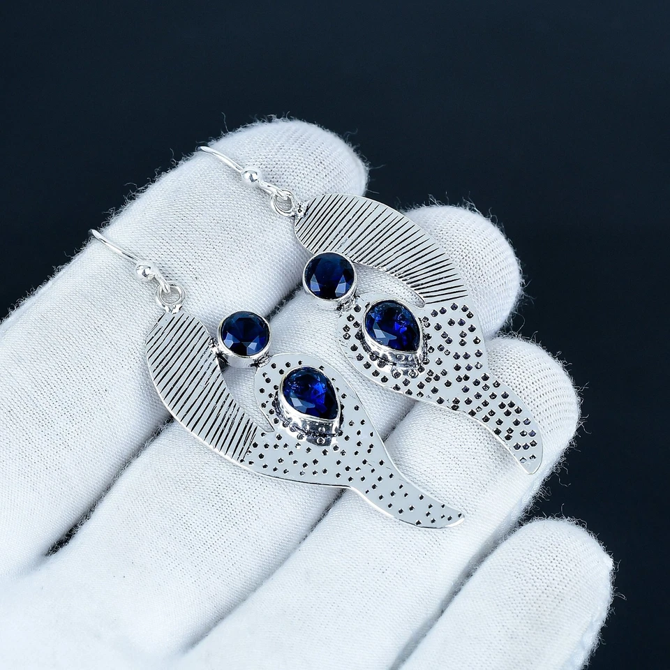 Zaffiro Blu Gemma Orecchini 925 Argento Sterling Mano Gioielli Regalo Moglie - Immagine 1 di 4