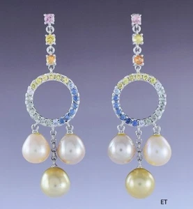 Beautiful Pair 18k White Gold Multi Colored Sapphire & Pearl Dangle Earrings - Picture 1 of 4