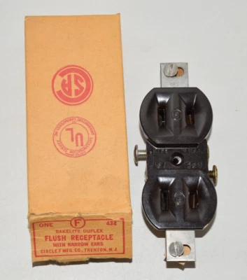 Circle F 434 Brown Bakelite Flush Receptacles AC Outlet Narrow Ears (Made USA) - Image 1 of 4