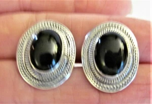 VTG Sterling Silver 925 Oval Black Onyx Cable 7/8" x 3/4" Wire Back Earrings 7g - Picture 1 of 6