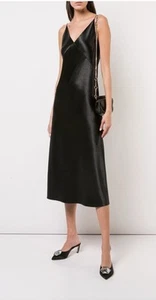 New Vince Metallic Black Satin V-NeckMidi Slip Dress Sz Small - Picture 1 of 18