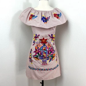 Vestido Colorido Floral Bordado Algodón S/M Cuello Volante Boho Campesino Étnico - Imagen 1 de 12