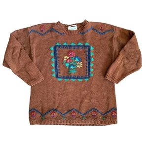 Vintage IZOD International Hand Knit Sweater Floral Brown Size Large  - Picture 1 of 7