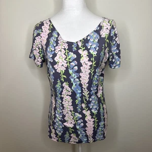 Lilly Pulitzer V-Neck Top Large Blue Gray Floral Foxglove Cotton Preppy Casual - Picture 1 of 5