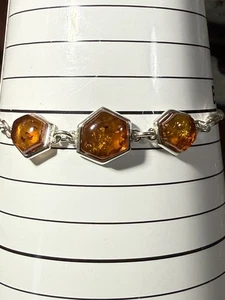 "Pulsera ajustable Bolo triple piedra ámbar 925 4""-9""" - Imagen 1 de 4