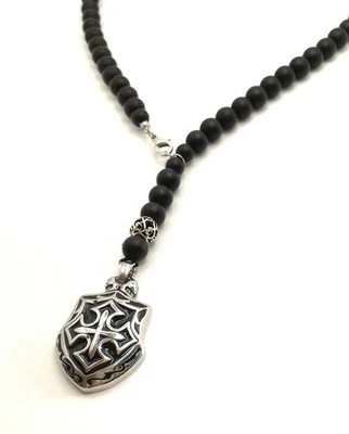 Collana Uomo Cavaliere Scudo Acciaio Inox 316L Onice Nero Collana di Perle... - Immagine 1 di 3