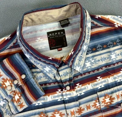 Roper Pearl Snap Shirt Mens 2XL Blue White Aztec Navajo Western Cowboy Yoke - Image 1 of 4
