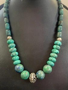 Vintage Blue Lapis Lazuli Spiderweb Turquoise Bead Sterling Silver Necklace M8 - Picture 1 of 15