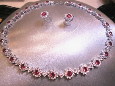 Ruby gemstone white sapphire ladies glamour 18k gold filled Necklace Earring Set - Image 1 of 4
