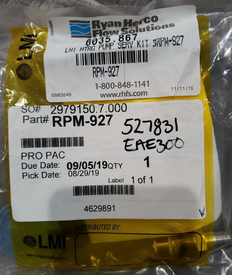 Ryan Herco Flow Solutions   6035.837 LMI MTRG PUMP SERV. KIT PART # RPM-927 - Image 1 of 2