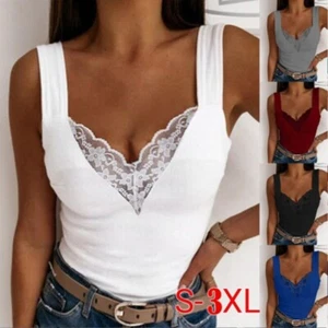 Plus Size Womens Lace Tank Tops V Neck Summer Lace Vest Slim Fit Sleeveless Tee - Picture 1 of 8