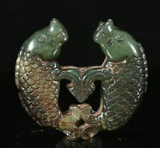 2.1'' Hongshan Culture Old Green Jade Carved Double Fish Fishs Amulet Pendant