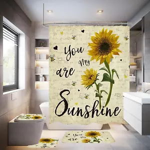 4PCS Sunflower Shower Curtain Set with Non-Slip Rugs, Toilet Lid Cover and Bath - Picture 1 of 7