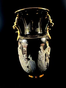 Vintage 7” Vase Ancient Greek Black 24K Gold Hand Made - Pre-Owned Chip Handle - Picture 1 of 4