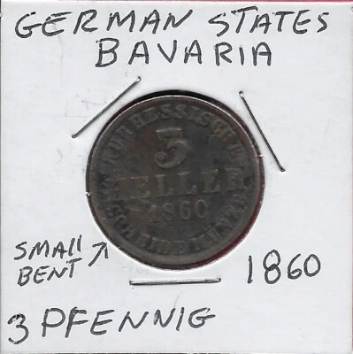 GERMAN STATES BAVARIA 1 PFENNIG 1860 MAXIMILIAN II,CROWNED ARMS WITHIN WREATH,Sc - Image 1 of 2
