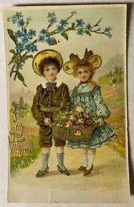 To My Valentine Boy and Girl With Flowers lithograph postcards Hand dated 1910 - Picture 1 of 2