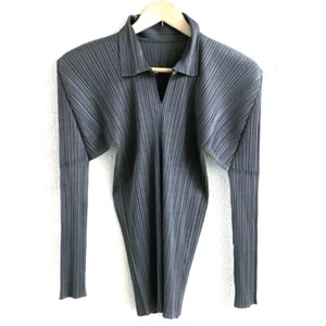 Issey Miyake Pleats Please Women's Shirt Blouse Tops Gray Long Sleeve Collared - Picture 1 of 4